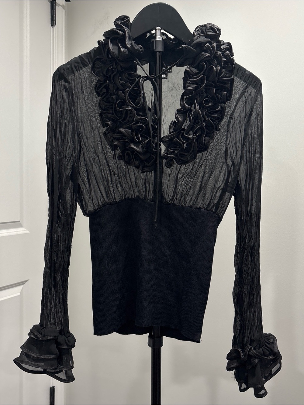 Black Ruffle Collar Sheer-Sleeve Women’s Top